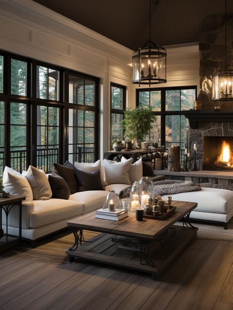 Dark Accent Interior Design, Black Rustic Interior Design, Cozy Living Rooms Black And White, Black Country House Interior, Living Room With Floor To Ceiling Window, Stained Wood Ceiling Living Room, Transitional Mountain House Interior, Black Windows White Walls, Interior Design Dark Floor