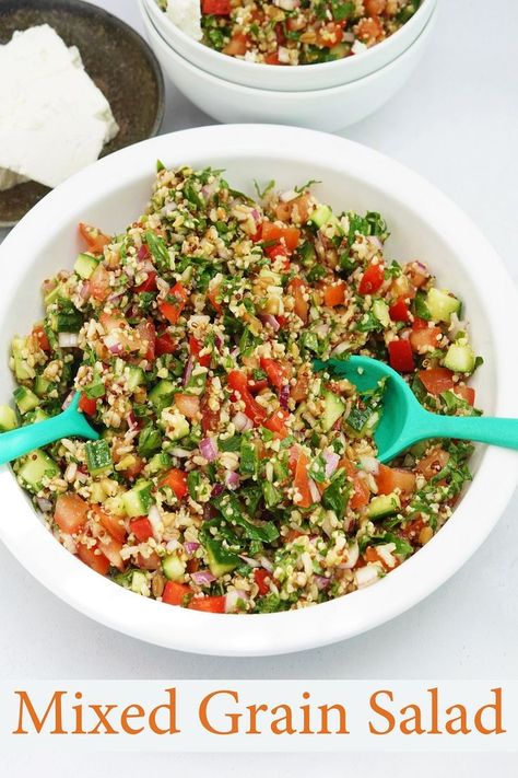 bowl of mixed grain salad with a smaller bowl and some feta cheese behind Grain Salads Summer, Arugula Grain Bowl, Grains Salad Recipes, Mixed Grain Salad, Mixed Grains Recipe, 7 Grain Salad, Mediterranean Grains, Grain Side Dishes, Easy Healthy Salads