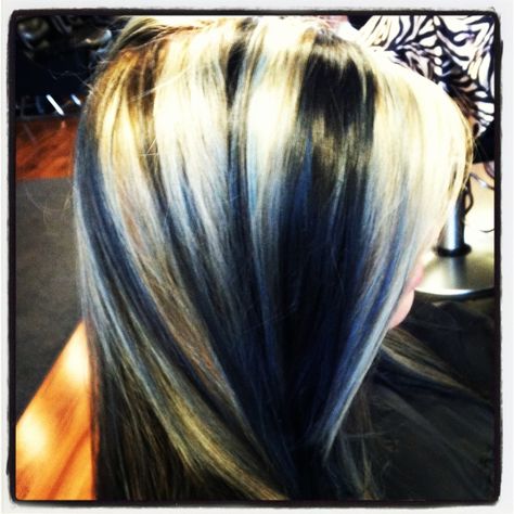 #blonde #blue #black #hair #rockstar Blonde Hair Dark Blue Highlights, Blue Black Hair With Blonde Highlights, Blue Black Blonde Hair, Blue Blonde Black Hair, Blue Black And Blonde Hair, Blue Blonde And Black Hair, Blue Tips Hair, Black With Blonde Highlights, Blonde And Blue Hair