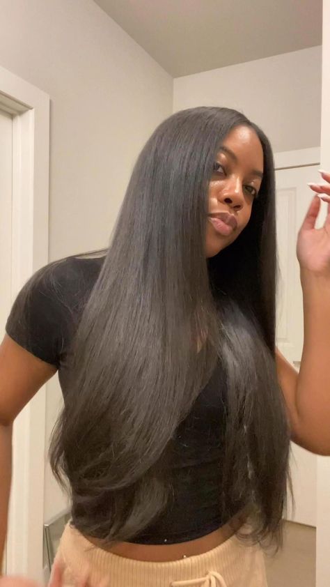 Long Straight Natural Hair, Straightened Natural Hairstyles, Silk Press Hair Hairstyles, Silk Press At Home, Silkpress Hairstyles, Straightened Hairstyles, Silk Press On Natural Hair, Long Relaxed Hair, Straight Natural Hair