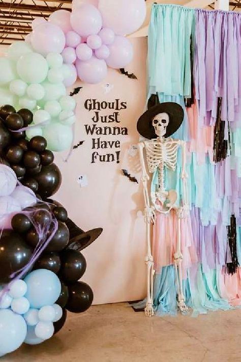 Ghouls just wanna have fun at this cool Halloween party! The party decorations are awesome! See more party ideas and share yours at CatchMyParty.com Halloween Themed Birthday Decorations, Halloween Decor Birthday, Ghouls Day Party, Halloween 7th Birthday Party, Girly Halloween Party Ideas, Ghoul Gang Halloween Party, Halloween Pastel Birthday Party, Preppy Halloween Birthday Party, Princess Halloween Birthday Party