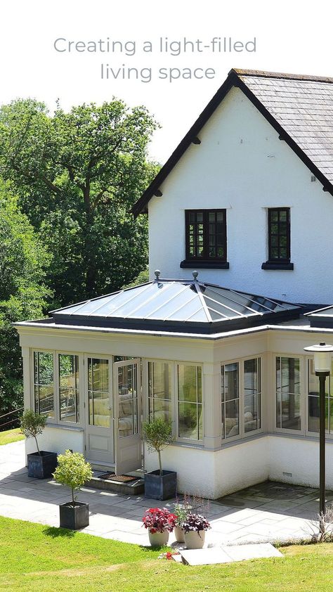 double orangery design Flat Roof Orangery Extension, Small Orangery Extension, Small Orangery, Orangery Extension Kitchen, Modern Conservatory Extension, Roof Lanterns, Orangery Extension, Roof Lantern, Living Room And Dining Room