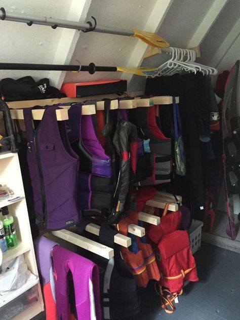 Lifejacket Storage Diy Projects, Life Jacket Storage, Dock Storage, Jacket Storage, Dock Ideas, Kayak Storage Rack, Outdoor Organization, Boat Shed, Lakefront Living