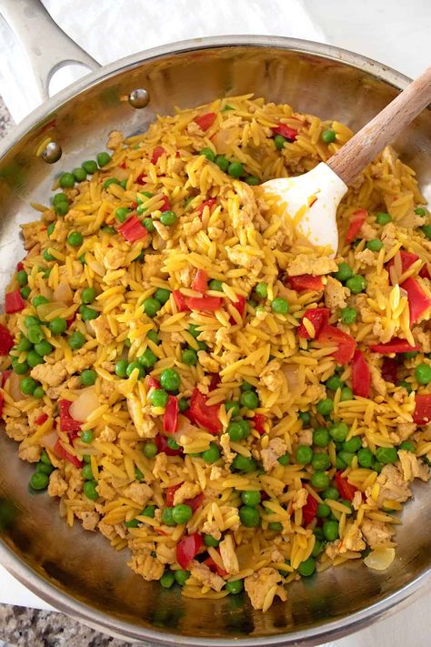 Ground Chicken and Orzo Skillet Ground Chicken Orzo, Ground Chicken Toddler Recipes, Chicken Toddler Recipes, Recipes For Ground Chicken, Chicken Orzo Skillet, Toddler Chicken Recipes, Orzo Skillet, Chicken And Orzo, Greek Orzo Salad