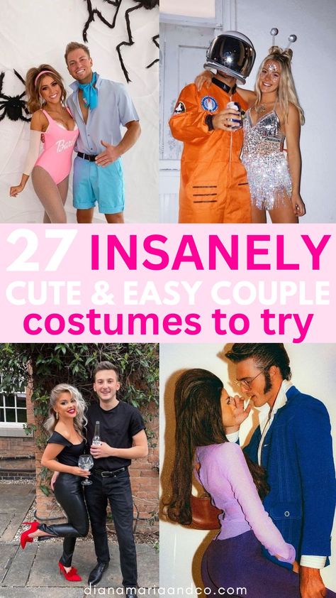 This is one of my favorite lists of cute couple costumes for Halloween. If you love an easy couple costume, you'll love this list! Couple Halloween Costumes Height Difference, Adult Couple Costumes Halloween, Simple Couples Costume Ideas, Super Easy Couples Halloween Costumes, Cheap Easy Couples Halloween Costumes, Easy Couple Costumes Diy Last Minute Homemade Halloween, Cute Couples Costumes For Halloween Diy, Trendy Couple Halloween Costumes 2023, Pretty Woman Costume Couple