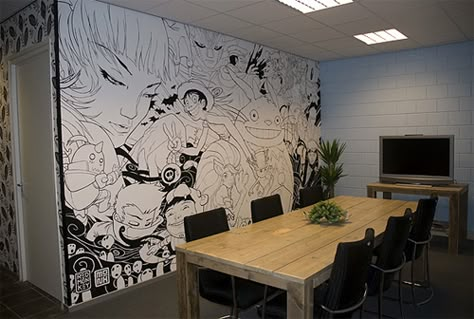 Awesome wall mural. Anime. Black and white. White Painting Ideas, Black And White Painting Ideas, Anime Mural, Future Wall, Room Anime, Kawaii Bedroom, Andermatt, Otaku Room, Bedroom Murals