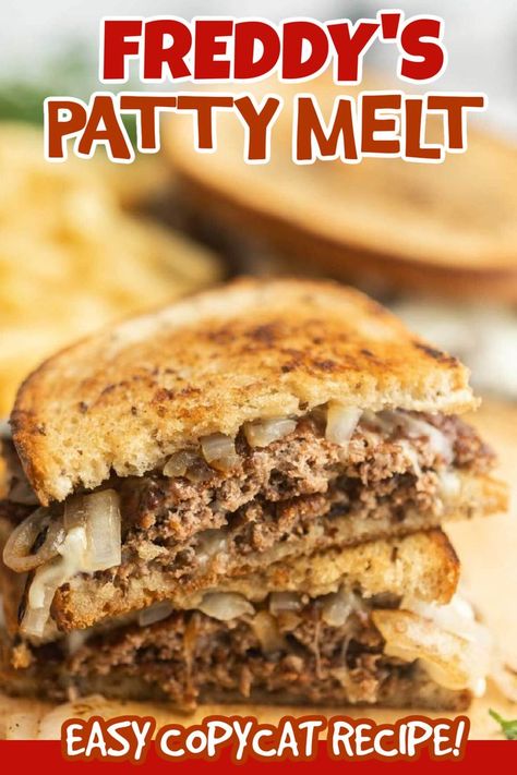 Copycat Freddy's patty melt recipe is easy to make at home. Enjoy all the flavor of gooey cheese and caramelized onions on a beef patty. This Freddy's Patty Melt is always a crowd pleaser and so easy to make with simple ingredients. #eatingonadime #freddyscopycatrecipe #pattymelt How To Make A Patty Melt, Pattie Melts Ground Beef, Smash Burger Patty Melt, Sourdough Patty Melt, Patty Melt With Secret Sauce, Patty Melt Recipe Ground Beef, Paddy Melt, Pattymelt Recipes, Patty Melt Sauce