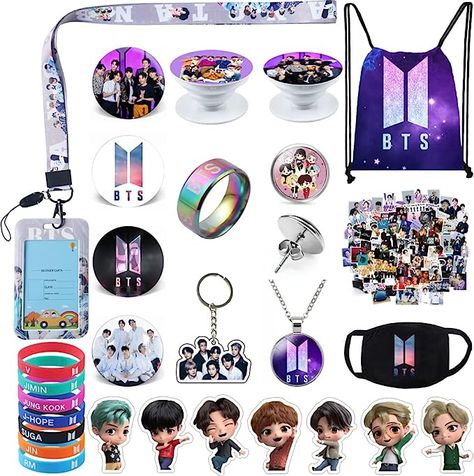 eTel Like Kpop BTS Gifts Set, Including Drawstring Bag Backpack, Necklace, Earrings, Rings, Bracelets, Face M-asks, Button Pins, Lanyard ID Holder, Keychain, Phone Ring Holder, Stickers Bts Gifts, Bts Bag, Lanyard Id Holder, Keychain Phone, Army Gifts, Gifts Set, Kpop Merchandise, Ladybug Anime, Bts Merch