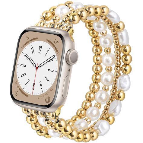 PRICES MAY VARY. Gold Beaded Apple Watch Band: Made of premium quality stainless steel with 14K real gold plating that won't fade easily and can maintain its luster for a long time. Apple watch beaded bands for women contain 2 gold beaded bracelets and 2 pearl-beaded bracelets. It's very comfortable to wear. It is an excellent choice for people with susceptible skin. Perfect Fit: AIRSPO Apple watch bands for women have 2 size options: S: Fit for 5.3"-6.2" wrist; L: Fit for 6.3"-7.3" wrist. The b Apple Gold Watch, Apple Watch Band Bracelet, Luxury Apple Watch Band, Elegant Apple Watch Bands, Apple Watch Bracelet Stack, Apple Watch Gold Band, Bracelet Apple Watch Band, Iwatch Bracelet, Gold Watch Band