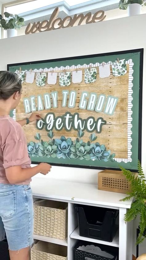 Nature Themed Classroom Bulletin Boards, Ready Set Grow Bulletin Board, Ready To Grow Together Bulletin Board, Great Minds Grow Here Bulletin Board, Grass Wall Bulletin Board, Ready To Grow Bulletin Boards, Greenery Bulletin Board Ideas, Ivy Classroom Decor, Plant Themed Classroom Bulletin Boards