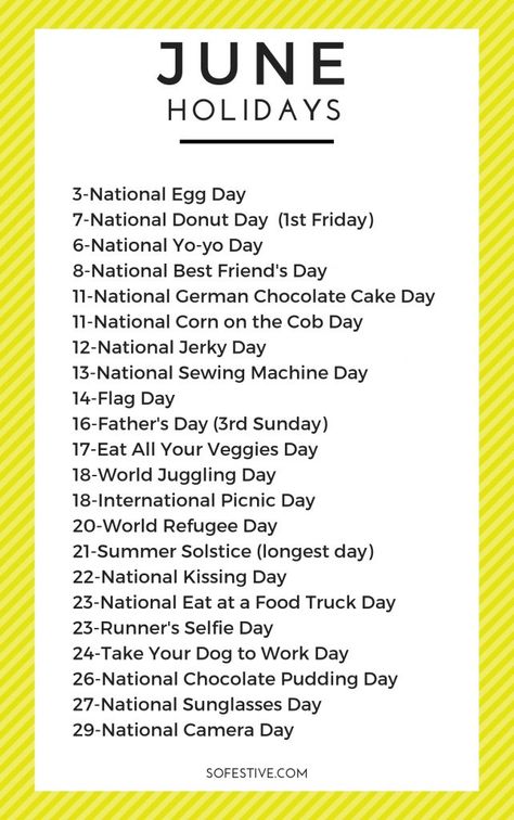 Fun and random June Holidays and how to celebrate them. What a great way to celebrate the little things! Holidays Of The Year, Random Holidays Calendar, June Holidays, National Kissing Day, List Of Holidays, Monthly Holidays, Monthly List, National Holiday Calendar, Food Calendar