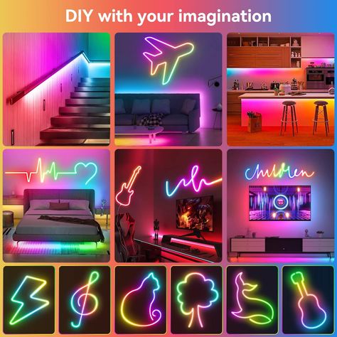 HOUHUI Neon Rope Lights,5m RGB LED Neon Rope Light with Remote App Control, IP67 Waterproof Neon LED Strip Lights 12V Music Sync DIY Design Flex Neon Lights for Bedroom Gaming Room Kids Wall Decor : Amazon.co.uk: Lighting Govee Neon Rope Idea, Neon Rope Light Ideas, Led Strip Ideas, Rope Lighting Ideas, Neon Lights For Bedroom, Bedroom Gaming Room, Neon Rope Light, Diy Neon Sign, Bedroom Gaming