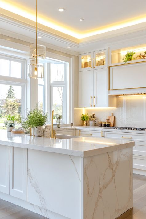 Discover the latest kitchen design with stunning white cabinetry and marble countertops that blend seamlessly with golden accents. This chic and contemporary space is perfect for culinary enthusiasts, combining both style and functionality. #kitchendesign #interiordesign #homedecor All White Marble Kitchen, Cream White Gold Kitchen, Modern White And Gold Kitchen, White Kitchen Aesthetic Modern, Marble Kitchen Island Ideas, French Contemporary Home Interiors, Kitchen Design White And Gold, White And Gold Granite Countertops, White And Gold Quartz Countertops