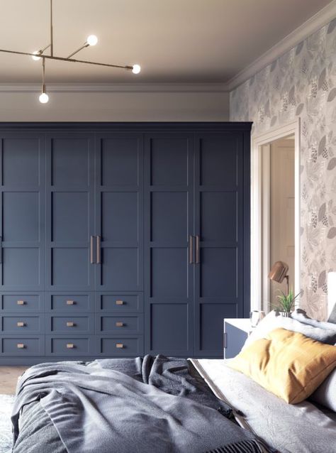 Here's 5 reasons why your bedroom needs fitted wardrobes today says interior stylist & blogger Maxine Brady Shaker Bedroom Wardrobes, Bedroom Cabinets Modern Interior Design, Navy Wardrobe Bedroom, Shaker Style Wardrobe, Blue Bedroom Wardrobe, Wardrobe Colours Bedroom, Blue Wardrobe Bedroom, Colours Bedroom, Bespoke Bedroom