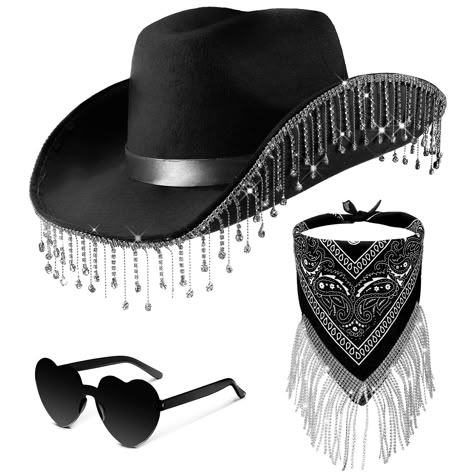 PRICES MAY VARY. You Will Receive: 1 pieces of black rhinestone cowgirl hat and 1 pieces of fringe bandana and 1 pair of heart glasses; They can meet your wearing needs for theme party or other occasion Shiny Diamond Design: the cowgirl outfit design with a classic cowboy hat shape and faux diamond tassel, shines in light or sunlight and make you look even more attractive and eye catching in a crowd Comfortable to Wear: the bling cowgirl hat is made of quality felt material, which are soft and c Rhinestone Fringe Bandana, Rave Cowgirl, Fringe Cowboy Hat, Rhinestone Cowgirl Hat, Hat With Fringe, Space Cowgirl Costume, Fringe Bandana, Rhinestone Bandana, Rhinestone Cowgirl