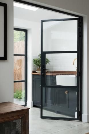 The Balham Kitchen | deVOL Kitchens 3 Panel Doors Interior, 3 Panel Doors, Office French Doors, Panel Doors Interior, Moody Office, Interior Glass Doors, Indoor Barn Doors, Double French Doors, Rustic Dining Room