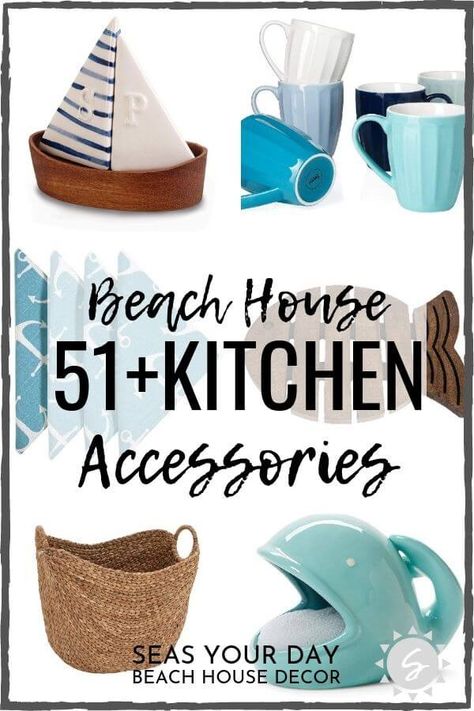 Sea Themed Kitchen, Coastal Kitchen Island Decor, Decor Above Fridge, Coastal Condo Decorating Ideas, Nautical Kitchen Ideas, Small Beach House Kitchen, Beachy Kitchen Ideas, Beach Themed Kitchen Decor, Beach Kitchen Ideas