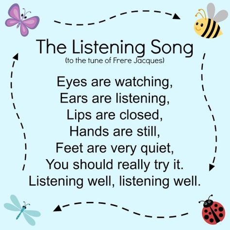 The Listening Song for kids. Joe from parks are rec, aka Keegan Michael Key, sang this song! Keegan Michael Key, Listening Song, Oppgaver For Barn, Transition Songs, Circle Time Songs, Kindergarten Songs, Classroom Songs, Songs For Toddlers, Preschool Circle Time