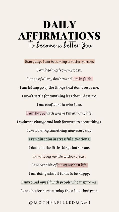 Positive daily affirmations to help you become a better you. The goal is to alway be the best versions of ourselves. Whether its emotionally, mentally, physically or spiritually. #selfcare #dailyaffirmations #dailypositiveaffirmations #affirmations #iam Good Daily Affirmations, Affirmation List Ideas, Journal Positive Affirmations, Daily Affirmations For Self Improvement, Why Are Affirmations Important, Daily Affirmations Notebook, Journal Affirmations I Am, Positive Affirmation For A Good Day, Best Positive Affirmations