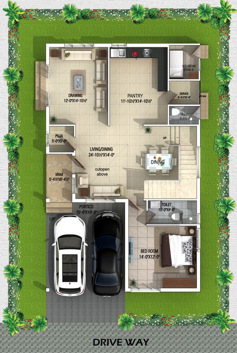 Type A West Facing Villa ground Floor plan Pelan Rumah Kecil, Pelan Lantai Rumah, 1500 Sq Ft House, West Facing House, 20x40 House Plans, 30x40 House Plans, 2bhk House Plan, Pelan Rumah, Unique House Plans