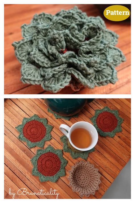 Sierra Plant Crochet, Crochet Plant Pot Coaster Pattern, Free Crochet Plant Coaster Patterns, Coffee Coasters Crochet, Crochet Succulent Coasters In Pot, Coaster Set Crochet Free Pattern, Cute Crochet Coaster Ideas, Crochet Coffee Coasters Free Pattern, Crochet Flower Pot That Turns Into Coasters