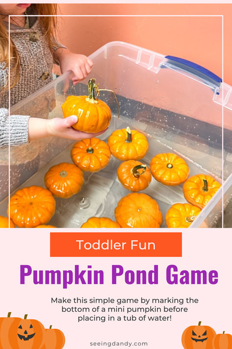 Did you know you can add a spooky twist to your beloved carnival duck pond game? Substitute the rubber ducks with mini pumpkins and you've got a Halloween-style game that kids of all ages will adore! This is such a great idea for toddlers, but also elementary school kids to learn the science of floating pumpkins. Find out how to execute a spooktacular school Halloween party with these unique game ideas. Pumpkin Party Kindergarten, Pumpkin Chuckin Game, Go Fish Fall Festival Game, Fall Festival Booth Activities, Fall Festival Sensory Games, Halloween Toddler Party Games, Halloween Carnival Activities, Pumpkin Festival Games, Diy Duck Pond Carnival Game