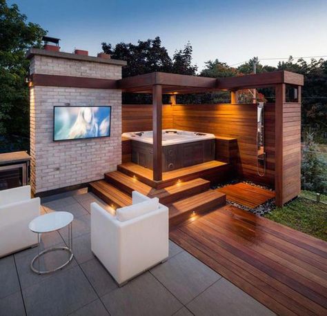 35 Cozy Outdoor Hot Tub Cover Ideas You Can Try | Home Design And Interior Whirlpool Deck, Diy Bamboo, Hot Tub Patio, Pergola Diy, Hot Tub Deck, Tub Cover, Hot Tub Backyard, Hot Tub Cover, Outdoor Patio Designs