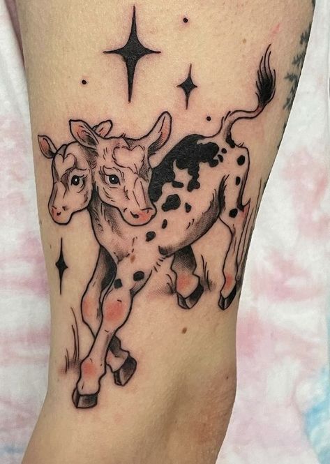 Creepy Patchwork Tattoo, 2 Headed Cow Tattoo, Cute Quirky Tattoos, Cow With Wings Tattoo, Fairy Cow Tattoo, Locness Monster Tattoo, Gothic Style Tattoos For Women, Double Headed Cow Tattoo, Silly Animal Tattoos