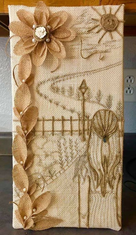 Burlap Canvas Art Diy, Stretched Burlap Canvas Ideas, Burlap Frames Diy Wall Art, Painting On Burlap Canvas Ideas, Burlap Canvas Ideas, Painting On Burlap Canvas, Painting On Burlap, Burlap Painting, Burlap Canvas Art