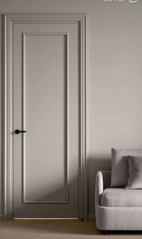 Room Laminate Design, Trending Door Colors, Doors Same Color As Walls, Interior Door Inspiration, French Bedroom Doors, Luxury Interior Doors, Taupe Wainscoting, Taupe Doors Interior, Interior Doors Colors