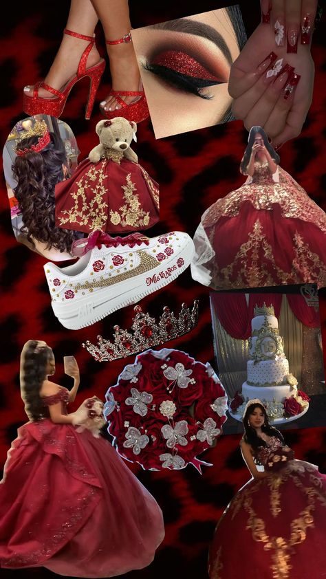 Red Quinceanera Red Themes For Quinceanera, Mariachi Quinceanera Dress Red, Quinceanera Dresses In Red, Red And White Chambelanes Outfits, Burgundy Red Quince Dresses, Red Quinceanera Chambelanes, Red Dresses For Quinceanera, Mexican Quinceanera Decorations, Red Quinceanera Theme Ideas