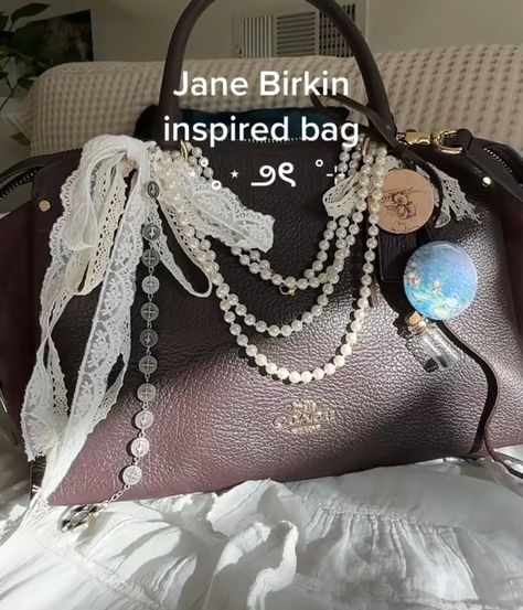 Decorating Purses Ideas, Jane Birkifying My Bag, Birkinified Bag, Jane Birkinifying Bag, Jane Birkin Bag, Purse Decor, Purse Decorations, Decorated Bags, Inside My Bag