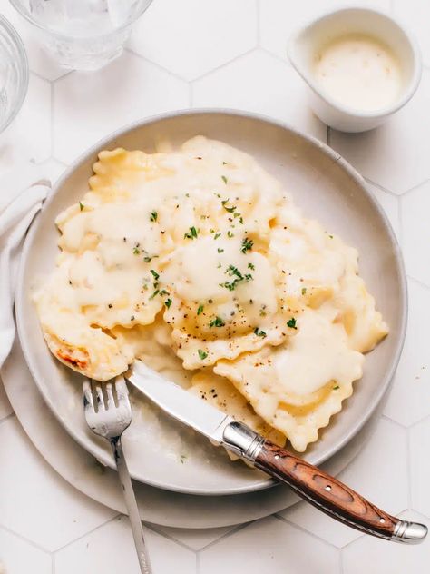 Lobster Ravioli with Lemon Cream Sauce  | Foodess Ravioli Sauce Recipe, Lobster Ravioli Sauce, Ravioli Sauce, Slow Cooker Pork Loin, Lemon Cream Sauce, Spinach Ravioli, Lemon Cream Sauces, Lobster Ravioli, Cream Sauce Recipes