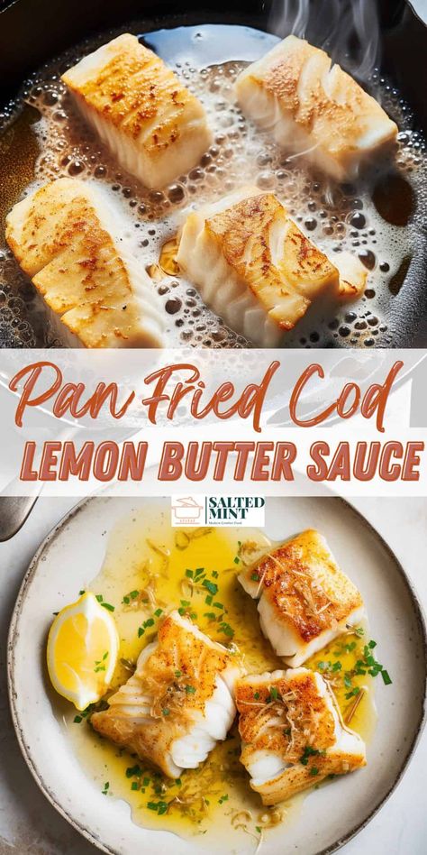 Discover the delightful blend of fresh cod and zesty lemon in this pan-fried cod recipe. Using fresh or frozen fish fillets, each piece is crisped to perfection, for the perfect balance of tender and crispy textures. Drizzled with a luscious lemon butter sauce for fish (or chicken), this dish is the epitome of gourmet made easy. Healthy fish recipes that won't compromise on flavor. Whether you're planning a quiet evening meal or impressing guests, this easy dinner option will be your go-to! Cod Pieces Recipe, Fried Cod Fish Recipes, Lemon Butter Sauce For Fish, Butter Sauce For Fish, Frozen Fish Recipes, Fried Cod Recipes, Fried Cod Fish, Cod Fillet Recipes, Pan Fried Cod