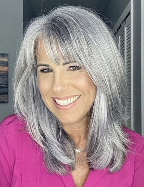 Grey Hair With Bangs, Gray Hairstyles, Grey Hair Inspiration, Beautiful Gray Hair, Bride Gown, Grey Wig, Natural Gray Hair, Long Gray Hair, Grey Hair Color