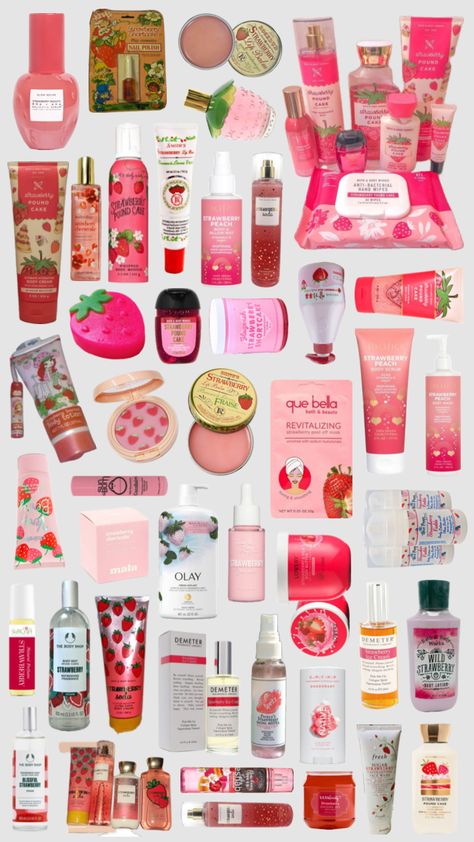 strawberry skincare Strawberry Makeup Products, Strawberry Skincare, Strawberry Cosmetics, Strawberry Lip Balm, Pound Cake With Strawberries, Hand Wipes, Pilates Princess, Peaches Cream, Body Care Routine