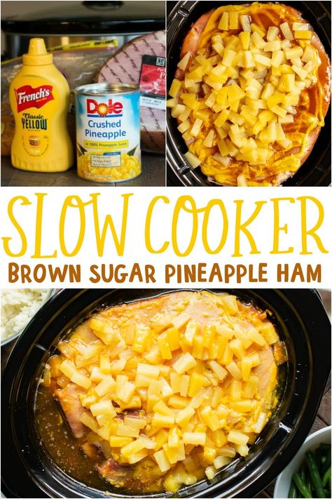 Crockpot Ham is the best way to prepare your ham. I add brown sugar, pineapple, brown sugar and mustard to this holiday ham. #crocpot #crockpotham #slowcooker - The Magical Slow Cooker Ham Crockpot Recipes Pineapple, Christmas Ham Recipes Crock Pot, Crockpot Ham Recipes Brown Sugar Mustard, Ham In Crockpot Recipe Pineapple, Pineapple Crockpot Ham, Ham In Crockpot Recipe Brown Sugar, Ham Recipes Crockpot Slow Cooker, Crockpot Precooked Ham Recipes, Crockpot Apricot Glazed Ham