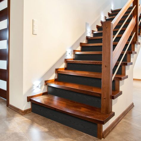 Vinyl Stair Risers, Stairs Decor, Vinyl Stairs, Stairs Renovation, Black Stairs, Stair Stickers, Stairs Ideas, Basement Stairs, Diy Stairs