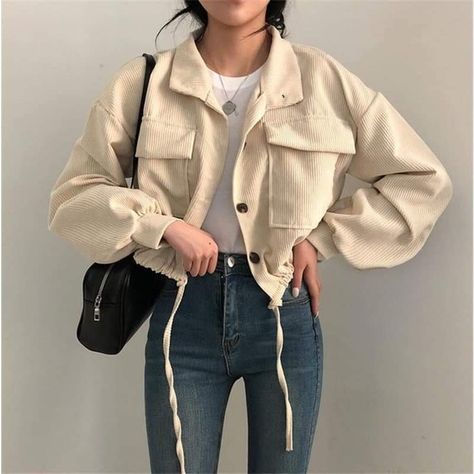 Korean style cropped jacket for casual dates Corduroy Jacket Womens, Campus Outfit, Outfit Korean, Korean Casual Outfits, Trendy Fashion Tops, Korean Casual, Ropa Diy, Cute Jackets, Casual Tops For Women