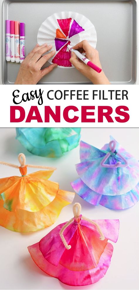 Coffee Filter Dancers, Mr Sketch, Diy Coffee Filter, Babysitting Crafts, Dance Crafts, Coffee Filter Crafts, Summer Camp Crafts, Washable Markers, Diy Bricolage