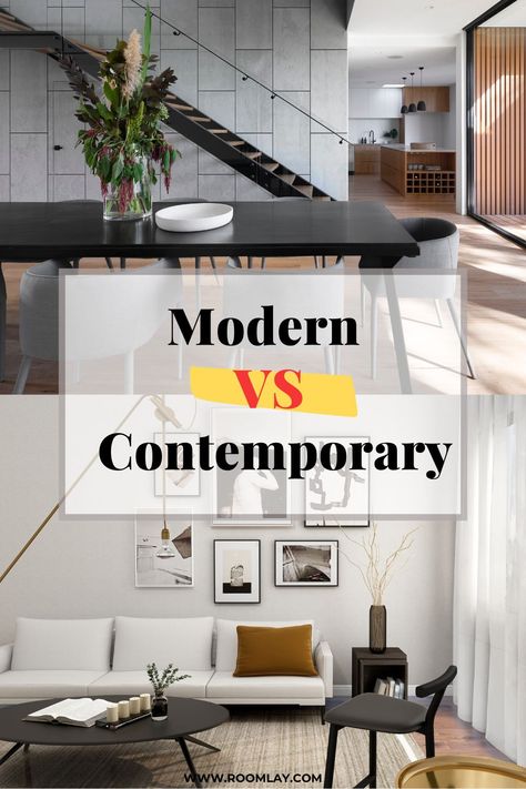 When comparing modern and contemporary interior design, there is always confusion. Learn the definitions of both design style, their similarities and differences. #modernvscontemporary #contemporaryinterior #moderninteriordesign Contemporary Vs Modern Interior Design, Modern Vs Contemporary Design, Modern Condo Interior Design, Contemporary House Interior, Urban Modern Interior Design, Contemporary Vs Modern, Design Definition, Modern Contemporary Interior Design, Contemporary Kitchen Decor