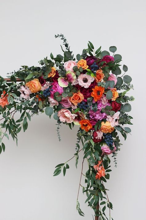 Jewel-tone Wedding Emerald Green Orange Pink Magenta Archway Flowers Arbor Flowers Pergola Flowers Flower Arrangement - Etsy Pergola Flowers, Wedding Emerald Green, Jewel Tone Wedding Theme, Jewel Tone Wedding Flowers, Green Fall Weddings, Wedding Pergola, Blue Green Wedding, Olive Green Weddings, Magenta Wedding