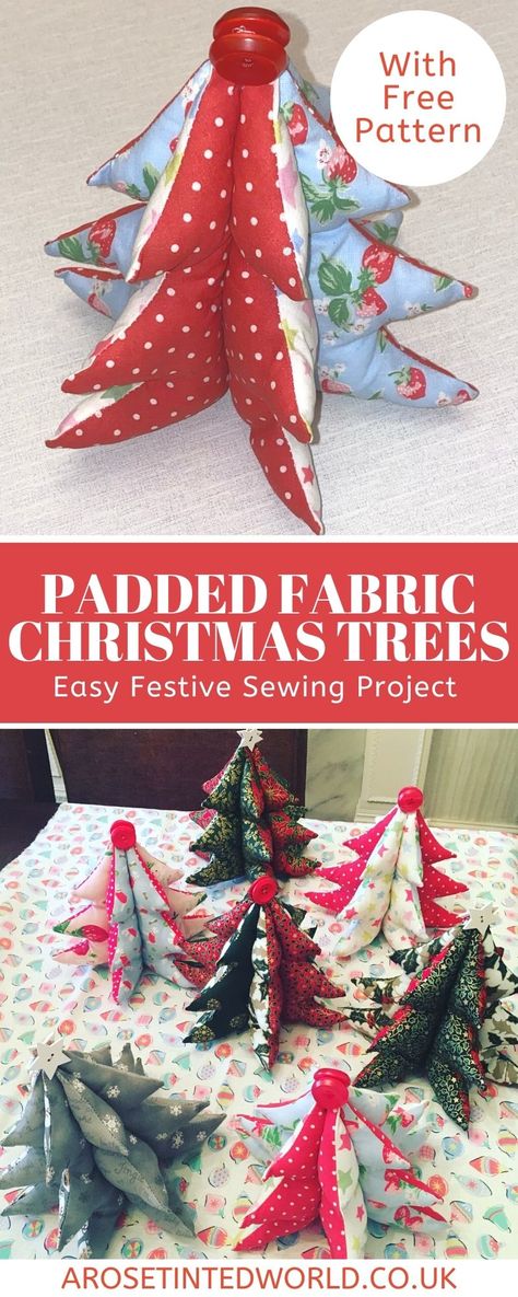 Fabric Christmas Tree Pattern Sew, Christmas Tree Fabric Panel, Padded Christmas Tree Pattern, Christmas Table Sewing Projects, Sewing Tree Pattern, Fabric Christmas Trees Free Pattern, Stuffed Material Christmas Trees, Fabric Holiday Decorations, Padded Christmas Tree