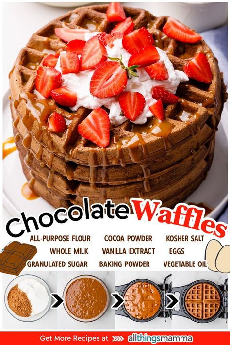 stack of Chocolate Waffles topped with whipped cream, fresh sliced strawberries, and caramel sauce. steps and ingredients to make Chocolate Waffles. Chocolate Waffle Recipe, Waffles Chocolate, Chocolate Waffles, Homemade Waffles, Waffle Mix, The Best Breakfast, Easy Homemade Recipes, Mouthwatering Recipes, Scrumptious Desserts