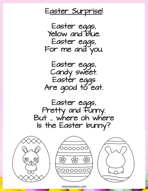 Easter Poem Freebie | Grade Onederful Easter Poem For Preschool, Easter Poems For Kids, Poems For Kindergarten, Easter Bunny Art, Poem For Kids, Easter Poems, Kindergarten Poems, Nursery Rhymes Lyrics, Easter Worksheets