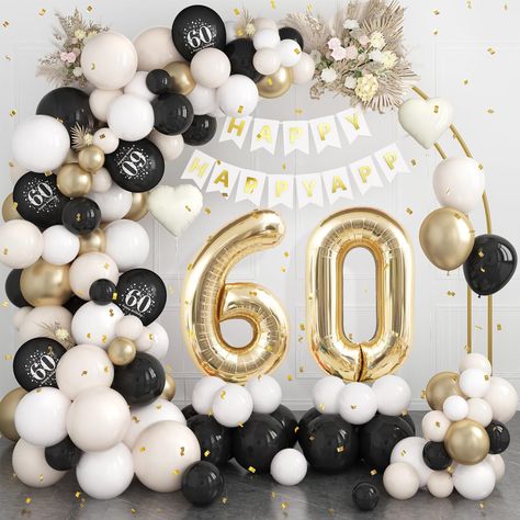 PRICES MAY VARY. ✨60th BIRTHDAY DECORATIONS✨:60th black gold birthday party decorations for women man include 40inch "60"foil balloons,1pc“happy birthday”banner,28pcs sand white balloons(5+10+12"),25pcs black balloons(5+10"),16pcs metallic champagne gold balloons(5+10"),10pcs white balloons(5+10"),5pcs 12inch“60”printed black balloons,2pcs heart-shaped foil balloons,2pcs long balloon,glue,balloon strip,ribbon. ✨EASY TO ASSEMBLE✨：Putting together this 60th birthday balloons is a breeze.To make th 60 Birthday Decorations Women, Surprise 60th Birthday Ideas For Mom, 60th Birthday Party Ideas, Birthday Decorations Black, 60th Birthday Ideas For Dad, 60th Birthday Ideas, Birthday Balloon Arch, 60th Birthday Ideas For Mom, 60th Birthday Balloons