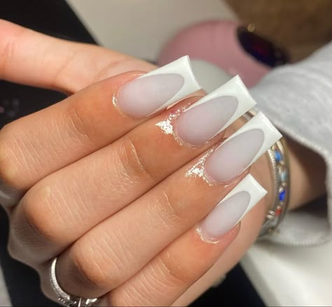 French Tip Nails Different Shapes, Soft White Nails With Designs, Milky White French Tip Nails Acrylic, Creamy White French Tip Nails, Milky White French Tip Nails Square, Milky White Nails Christmas, White Nails With White French Tip, White On White Nails French, Milky White Nails French Tip