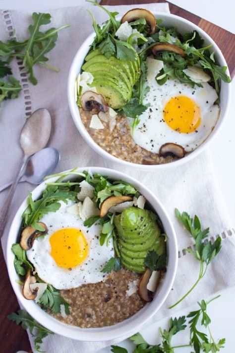 This hearty and satisfying savory oatmeal recipe with fried eggs is sure to become your new favorite breakfast – and maybe even lunch and dinner, too. Especially delicious with mushrooms, avocado, and arugula. #oatmeal #savory #breakfast #breakfastrecipes #eggrecipes Savory Oatmeal Recipes, Oatmeal And Eggs, Savory Oatmeal, Savory Pumpkin Recipes, Stove Top Recipes, Healthy Breakfast Recipes Easy, Oatmeal Recipe, Healthy Oatmeal, Healthy Pumpkin