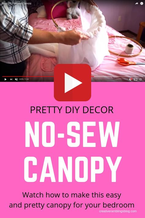 Make a canopy for a bedroom. DIY no sew princess bed canopy or tent using this video tutorial. Add lights and create a magical  kids bedroom or dorm room.  #canopy #bedroomideas #dorm #dormspiration #nosew #crafts #youtube Diy Light Canopy, Canopy For Bed Diy, Princess Tent Ideas, Diy Bed Frame Canopy, How To Make Bed Canopy, Diy Bed Canopy For Kids, How To Make A Canopy For A Bed, Diy Canopy Bed For Kids, Diy Bed Canopy Easy