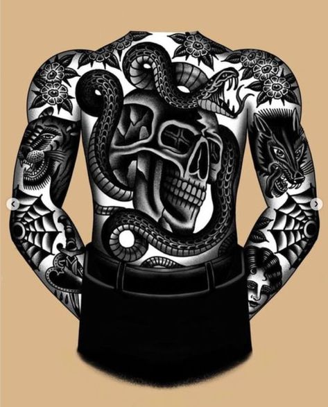 Full Body Traditional Tattoo Men, Old School Full Body Tattoo, Traditional Back Piece Tattoo Old School, Backpiece Tattoo Men Traditional, Old School Back Piece Tattoo, Old School Back Tattoo, Traditional Body Suit Tattoo, Back Tattoos For Guys Upper, Old School Tattoo Sleeve